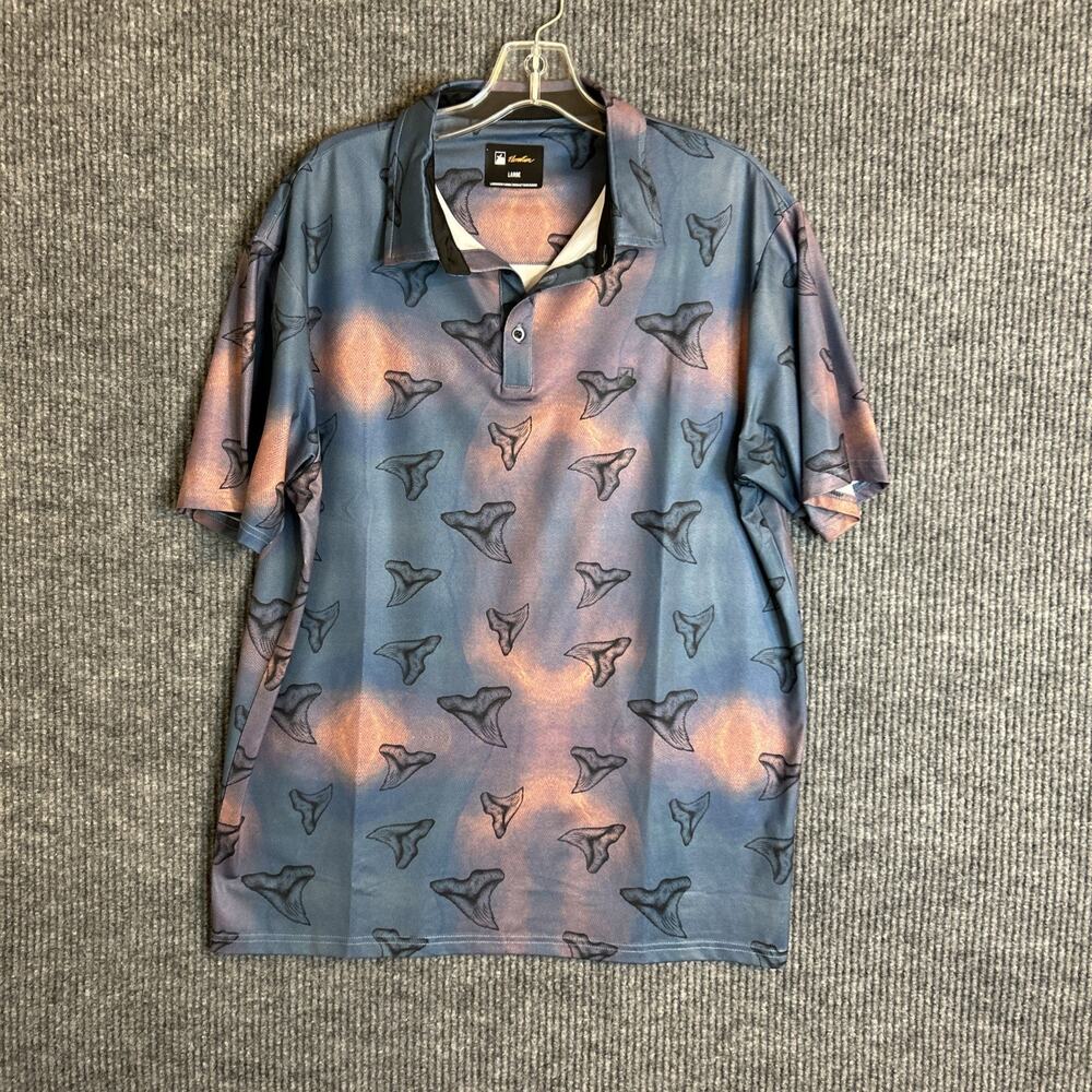 Flomotion Mens Performance Polo Shirt Size Large Sharks Tooth Print Golf Preppy